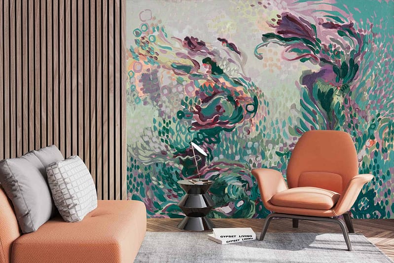 Artistic wall mural featuring abstract swirls in green, pink, and purple tones.