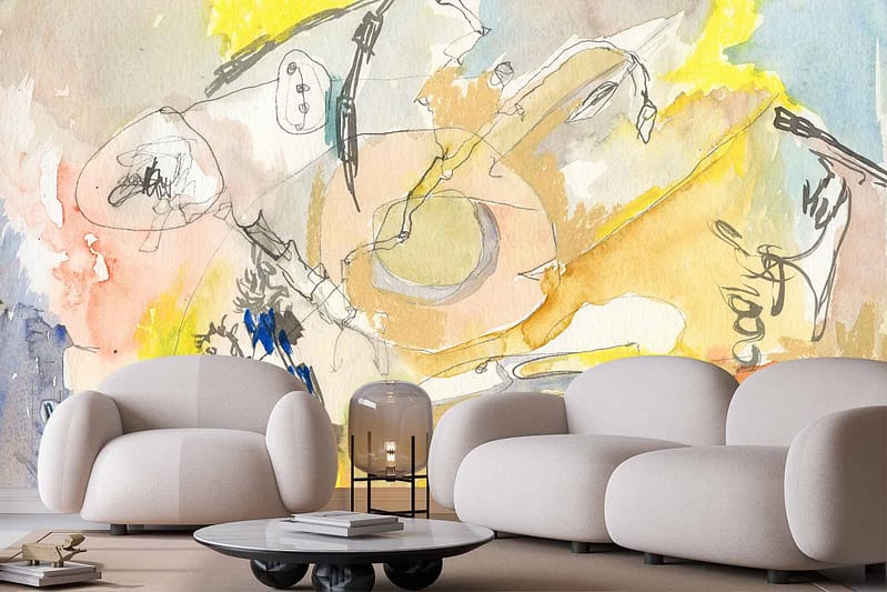 Abstract, colorful mural with swirling lines, featuring vibrant hues of blue, red, yellow, green, and purple.