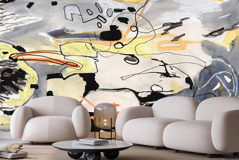 Abstract mural, splashes of black, gray, orange, yellow.