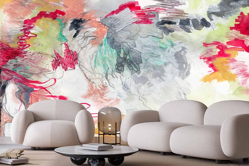 Contemporary living room featuring an abstract, vibrant wall mural showcasing splashes of red, orange, green, yellow, and grey.