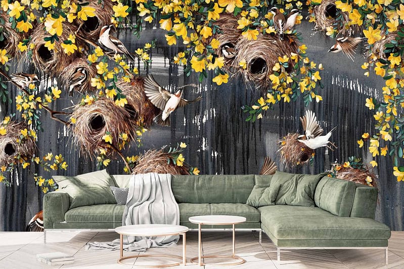 Mural features birds, nests, and blooming yellow flowers. Colors include shades of green, yellow, and white. Nature-inspired theme with intricate details.