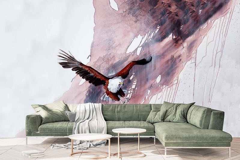 Striking mural wallpaper features an eagle soaring against an abstract, textured background in shades of pink and brown.