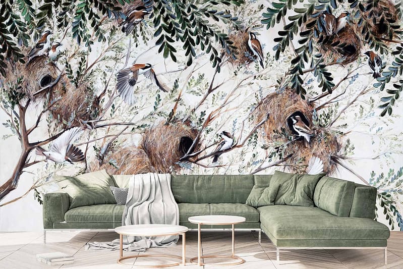 Vivid mural with birds, nests, leafy branches; colorful elements; nature-themed; bright and detailed.