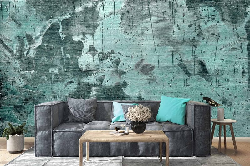 The wallpaper is a textured teal abstract mural, featuring various shades of teal interwoven with subtle hints of blue and grey, creating a calm and soothing backdrop.