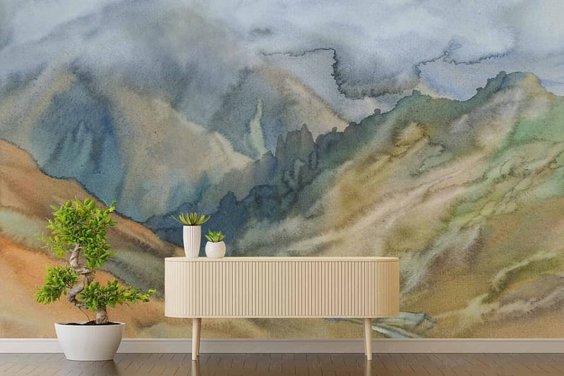 Large watercolor mural, mountainous landscape, shades of blue, green, and brown.