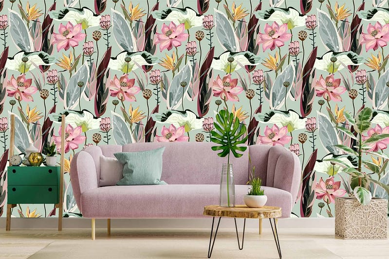 Vibrant wallpaper with a tropical floral pattern featuring shades of green, pink, and yellow.