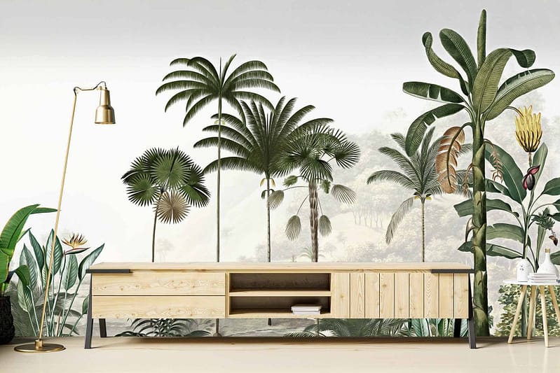 The wallpaper features lush tropical plants, tall palm trees, and scenery reminiscent of "Catch Me If You Can." It includes vibrant greens, rich blues, and hints of golden yellow.