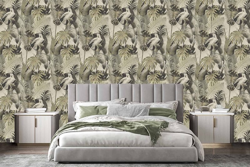 The wallpaper features a tropical theme with lush green leaves and fern illustrations. The elements include various shades of green, detailed leaf patterns, and natural botanical designs that add a refreshing touch to the room.
