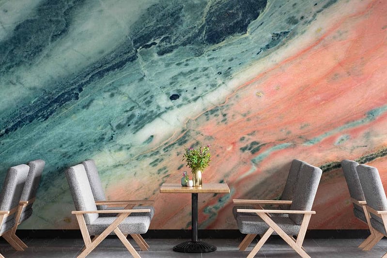 The wallpaper features a striking abstract marble design with swirling patterns in shades of teal, blue, and pink. The dynamic combination of these colors creates an eye-catching focal point perfect for a modern dining area.