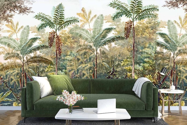The wallpaper showcases lush tropical palm trees in various shades of green, creating an earthy ambiance. Subtle highlights of deep greens and lighter green hues against a slightly textured background evoke a sense of being surrounded by nature. The design balances dense foliage with delicate outlines, emphasizing the vitality and serenity of the tropical landscape.