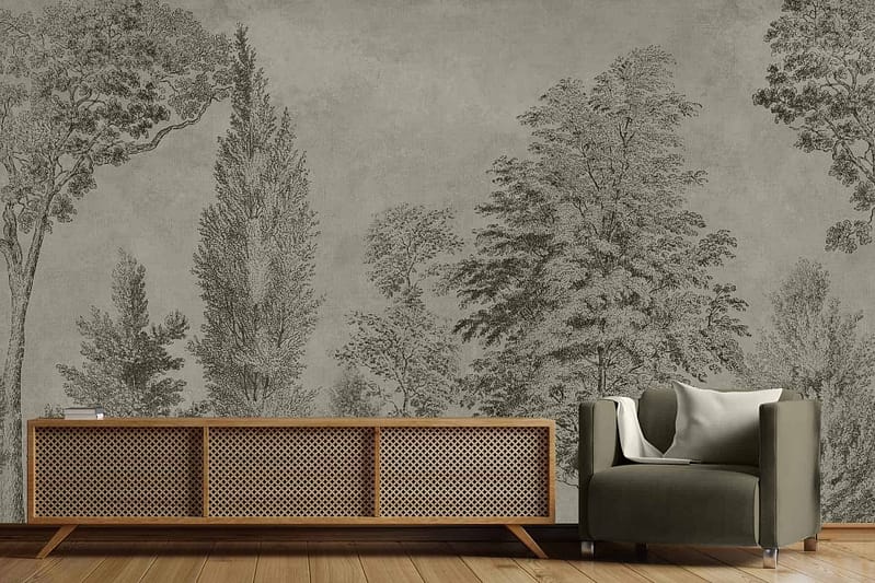 The wallpaper is a large mural of trees in black and white, featuring serene, intricate details that evoke ethical wisdom.