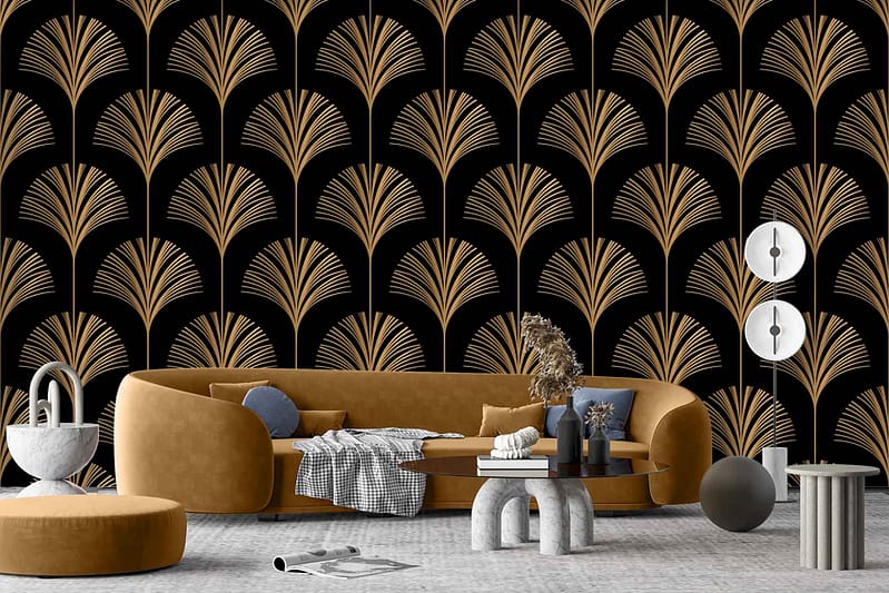 Striking black wallpaper adorned with a bold gold palm frond pattern. The rich black background contrasts elegantly with the lush, metallic gold leaves, creating a dramatic yet sophisticated aesthetic. This design element infuses the room with luxury and opulence, making it an eye-catching focal point in any modern living space.