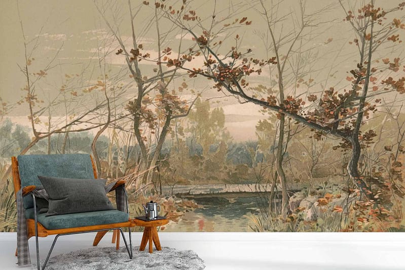 The wallpaper is a mural depicting a serene, autumnal woodland scene. It features bare trees, fallen leaves in earthy tones, and a tranquil pond. The color palette includes shades of brown, gold, orange, and blue to evoke nature's calm.