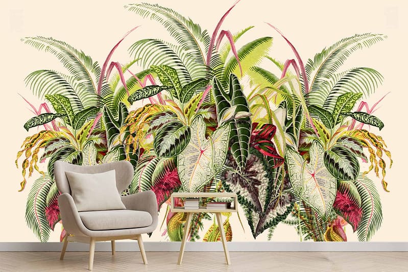 Vibrant mural features tropical plants with green and pink foliage. Lush, lively atmosphere.