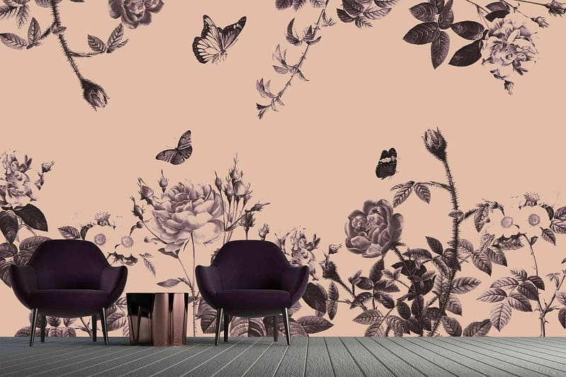 A stunning wall mural featuring intricate black and white roses with thorns and leaves, complemented by delicately detailed butterflies, all set against a soft beige background.