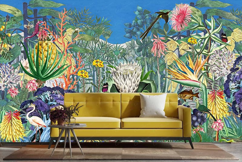 The wallpaper features a colorful mural of tropical plants and birds. Key elements include a bird of paradise, flamingos, lush greenery, and vibrant hues. Colors to note: vivid green foliage, bright pink flamingos, and the striking yellow-orange of the bird of paradise.