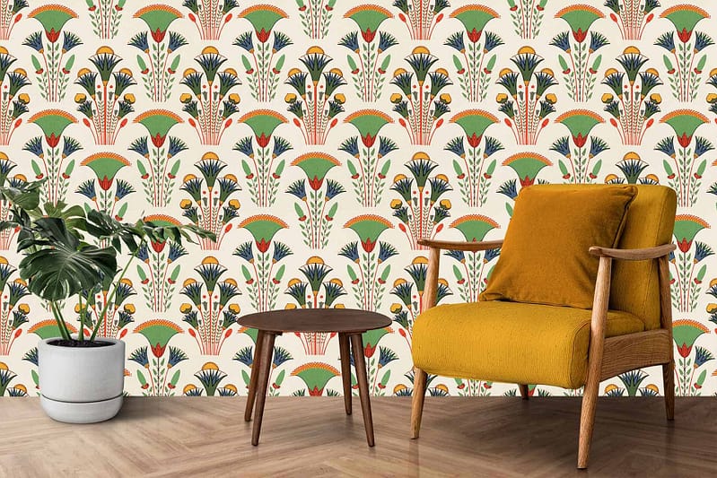 The wallpaper features vibrant, abstract plant designs with playful shapes. Key colors include mustard yellow, teal green, coral pink, and deep navy blue. The patterns are whimsical and energetic, evoking a cheerful and folksy ambiance.