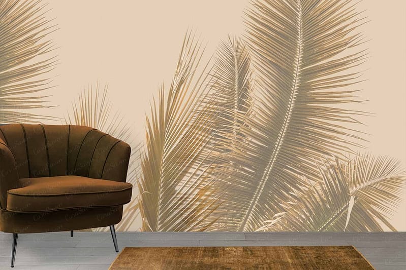 Beige-toned palm fronds on wallpaper backdrop.