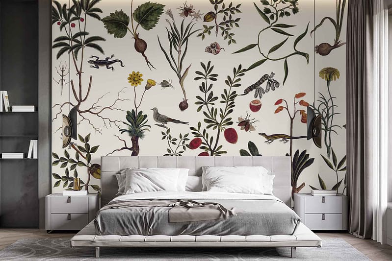 The wallpaper features a detailed botanical mural with various plants and flowers, accented by swallows in flight. Colors include shades of green, pink, yellow, and blue.