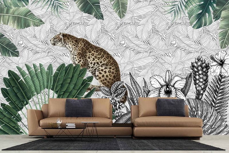 Detailed mural wallpaper showcasing a leopard, tropical leaves in shades of green, and monochrome floral patterns.