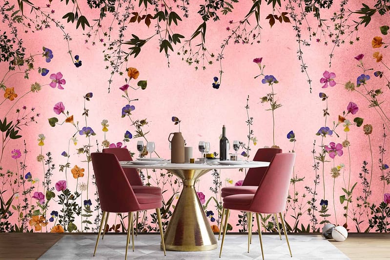 The wallpaper features a vibrant floral pattern with various flowers and greenery against a pink background.