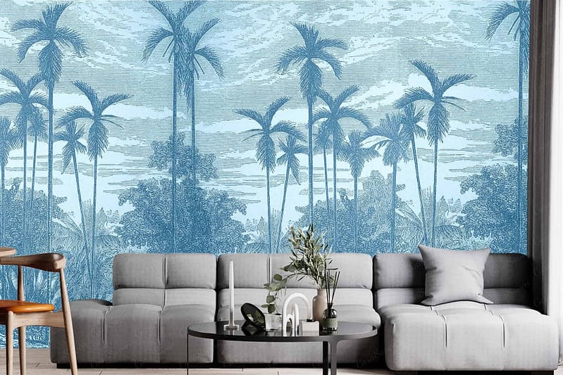 A feature wall mural depicting tall palm trees against a subtle textured background. The design creates a serene tropical island atmosphere, accented by subtle blue hues. Keywords: palm trees, textured background, tropical island, subtle blue hues.