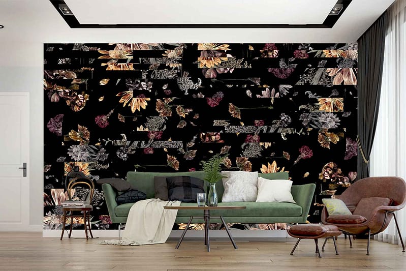 Floral-patterned accent wall in black, gold, and earth tones. The wallpaper features intricate floral designs. Elements include rich black background, metallic gold highlights, and earthy color tones like browns and muted greens.
