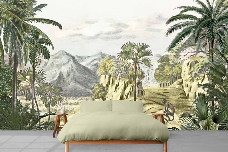 Mural wallpaper depicting a mist-shrouded tropical landscape, lush green palm trees, rocky terrain, and distant mountains. Colors include various shades of green, grey for the mist and rocks, and subtle hints of blue in the distant mountains.