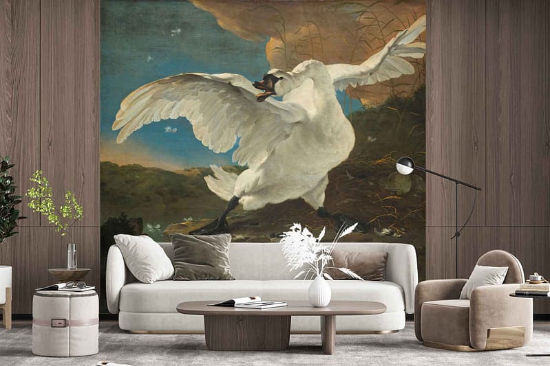 The wallpaper features an intricate pattern of soft beige and light grey accents. Delicate floral motifs intertwine with subtle geometric shapes, creating a harmonious blend reminiscent of natural textures. Hints of muted green add a touch of serenity, seamlessly tying in with the room's neutral color palette.