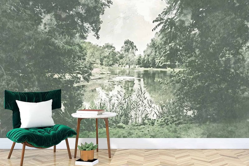 The wallpaper features a serene lakeside scene with lush greenery. Elements include calm blue water, green foliage, trees in various shades of green, and gentle reflections in the lake. The colors dominating this mural are blue and green, creating a peaceful ambiance.