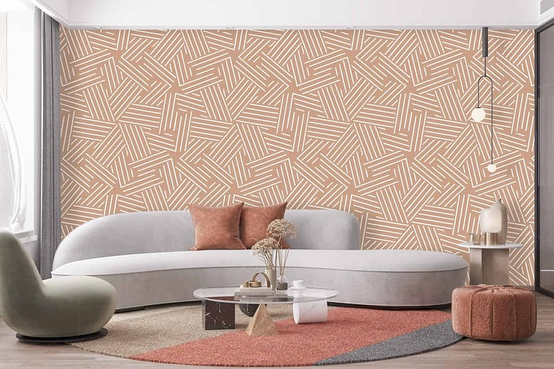 The wallpaper features a beige geometric pattern.
