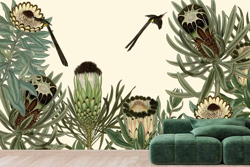 The wallpaper features a mural with large, stylized botanical illustrations including flowers like protea and plants with succulent-like leaves. It includes rich, earthy tones alongside pops of vibrant color. Two small sugarbirds add to the lively feel of the mural.