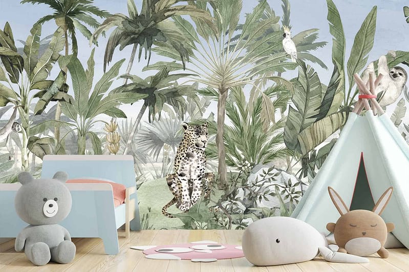 The jungle-themed children's room features green leafy wallpaper showcasing vibrant images of a leopard, monkey, and sloth.