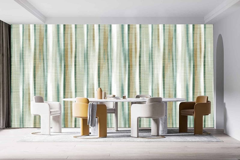 The wallpaper in the modern dining room is striped and textured, featuring green and beige colors.