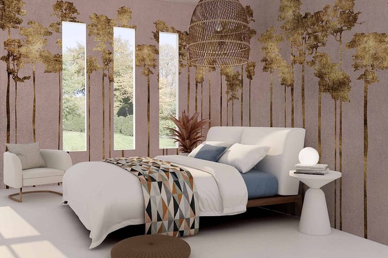 The wallpaper in the modern bedroom features a tree mural design, incorporating elegant, natural shapes of trees. The color palette includes various shades of green for the foliage and brown for the tree trunks, set against a light beige or muted cream background to make the colors stand out. The design aims to bring an outdoor feel indoors.