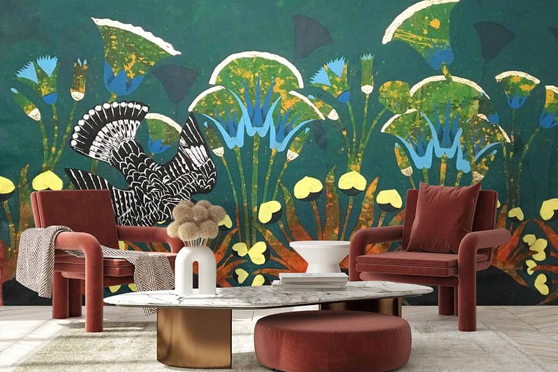 Nature-themed mural wallpaper featuring abstract flowers and a bird in green, blue, and yellow tones. Key elements: abstract flowers, bird, nature-themed, green tones, blue tones, yellow tones.