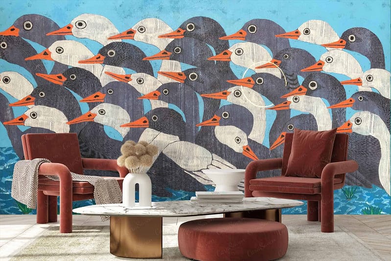 The wallpaper features a vibrant mural of numerous birds with orange beaks set against a blue background.