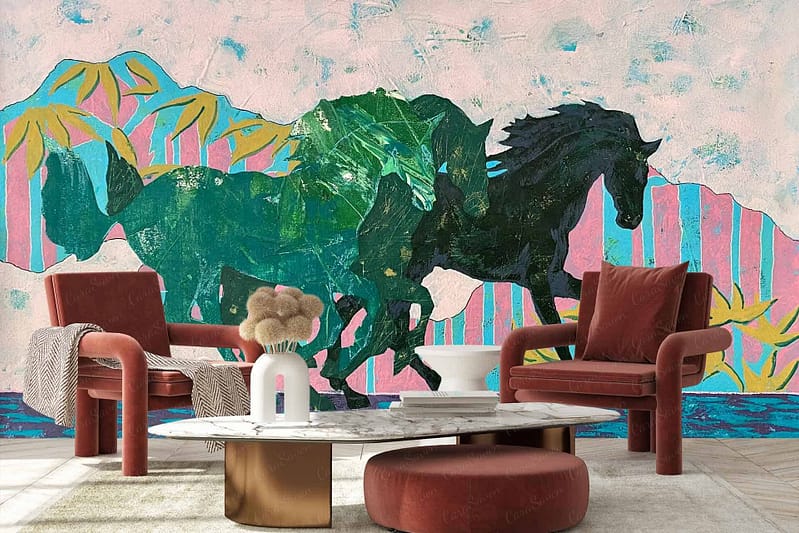 The wallpaper is a large mural of colorful horses running, set against a textured wall with pink and teal hues.
