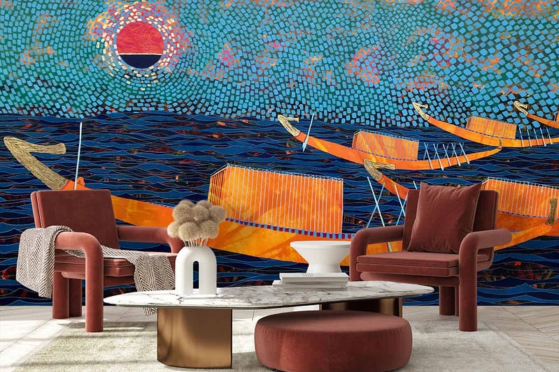 The wallpaper in the living room showcases a vibrant mural of an abstract seascape. Dominated by swirling shades of blues and greens, it features striking orange boats that create a vivid contrast. Brush strokes evoke movement reminiscent of ocean waves under different lighting. Bright hues and dynamic forms make the wallpaper eye-catching and contemporary.