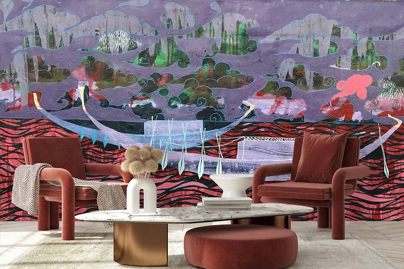 The wallpaper features a vibrant, abstract mural with whimsical clouds and tree shapes set against a purple sky. The elements include bold artistry, colorful patterns, and imaginative design, emphasizing clouds and trees in a surreal landscape. Colors: vibrant purple, various shades of blue, green, pink, and white.