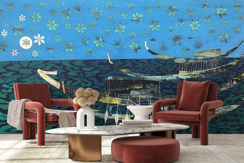 The wallpaper features a blue accent and an artistic mural with boats on water, incorporating abstract patterns. Colors include various shades of blue, white, and hints of earthy tones for the boats.