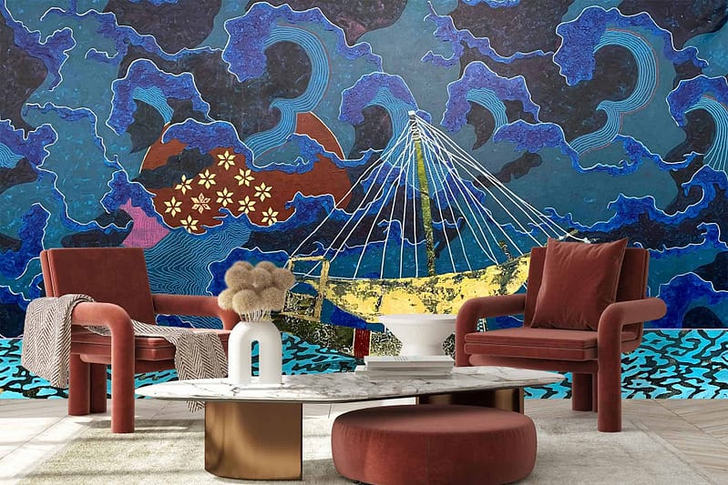 The wallpaper in the room is a vibrant, abstract-themed mural with intricate patterns featuring clouds, waves, and a boat. The colors include bold blues, vibrant reds, soft pinks, and subtle golds interwoven to create a dynamic and eye-catching design.