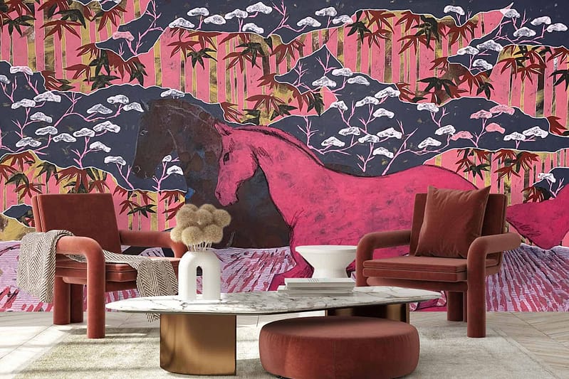Wallpaper features a vibrant mural characterized by a red horse among bamboo. Cloud-like elements appear in pink, black, and gold tones.