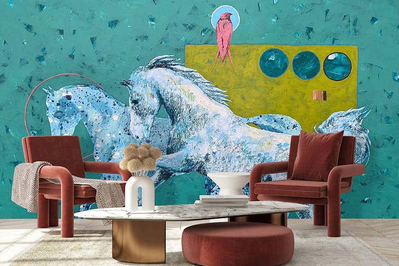 A modern living room boasts a large, colorful wall mural featuring abstract elements. The wallpaper depicts two abstract horses in vibrant hues alongside a striking pink bird.