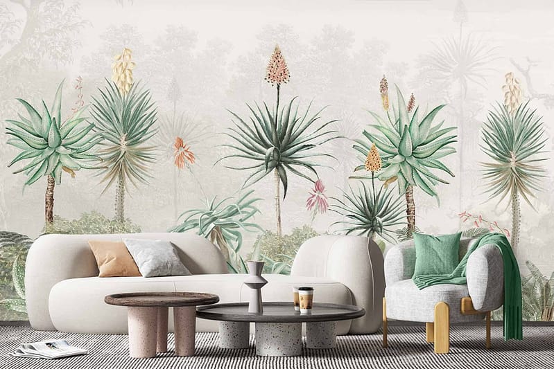 Our living room showcases an artistic wallpaper featuring various tropical plants. Expect soft, earthy colors with lush greens, gentle browns, muted yellows, and soothing beiges. The nature-inspired backdrop includes intricate leaf patterns and exotic flora motifs for a serene ambiance.