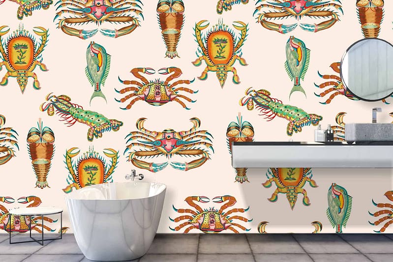 The decorative wallpaper in the modern bathroom boasts a lively, colorful design featuring stylized sea creatures such as crabs and fish. The pattern is set against a light background, enhancing the vibrant hues and playful details of the marine life elements. Keywords: colorful sea creature wallpaper, stylized crabs and fish, light background, marine life design.