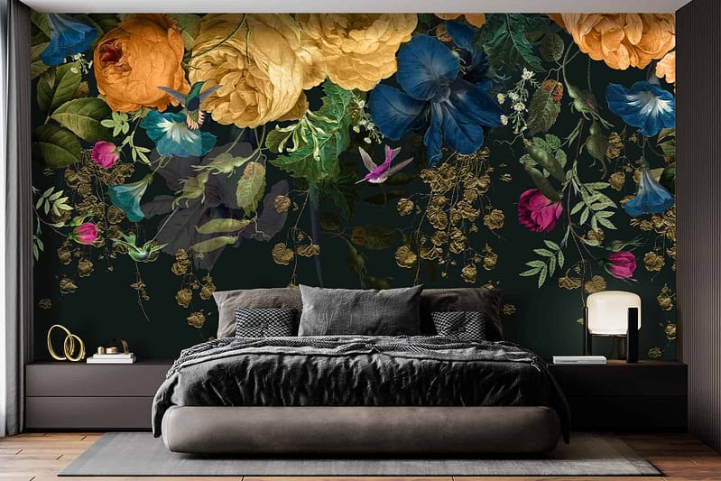 A vibrant floral mural wallpaper showcases yellow, blue, pink, and green flowers against a dark background.