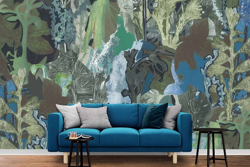 Abstract, nature-themed mural in shades of green, blue, and brown. Features elements like leaves, branches, and flowing water patterns. Creates a natural harmony with organic shapes and earthy tones throughout.
