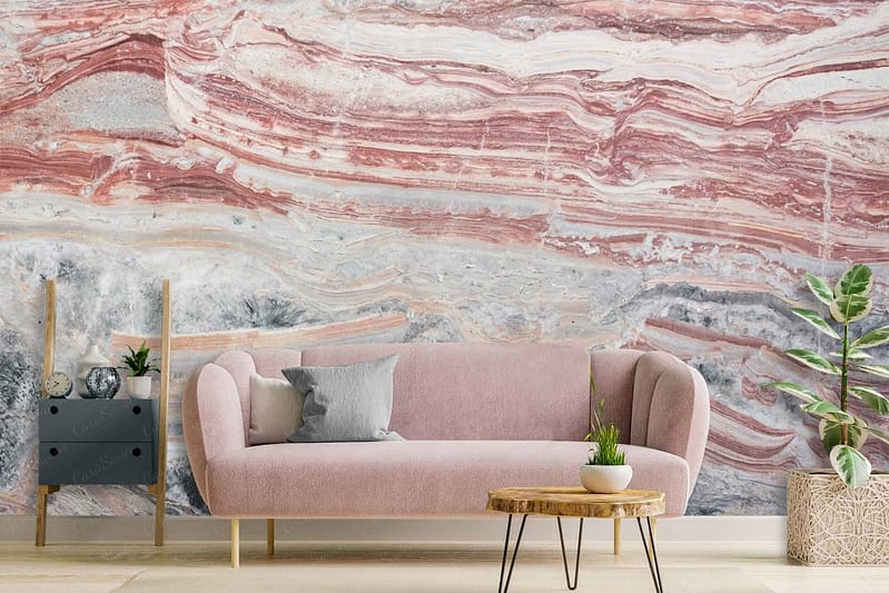 The wallpaper features a large abstract mural with swirled patterns in shades of pink and gray.