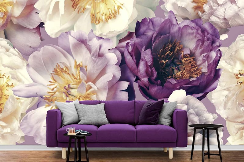 The "Purple Reign" wallpaper showcases a floral mural with large, detailed white and purple flowers. This striking backdrop features bold and elegant elements, combining vibrant purples with contrasting whites for an eye-catching design.